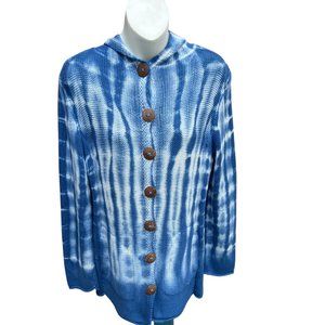Pure Sweater Handknit NWT Tie Dye L/Sleeve Wood Button Hooded Blue & White S